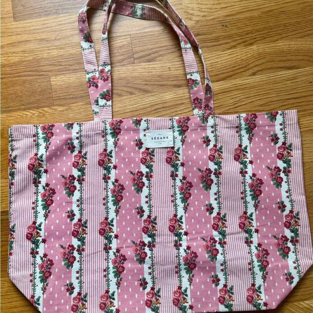 Sezane Pink Floral Canvas Tote Bag